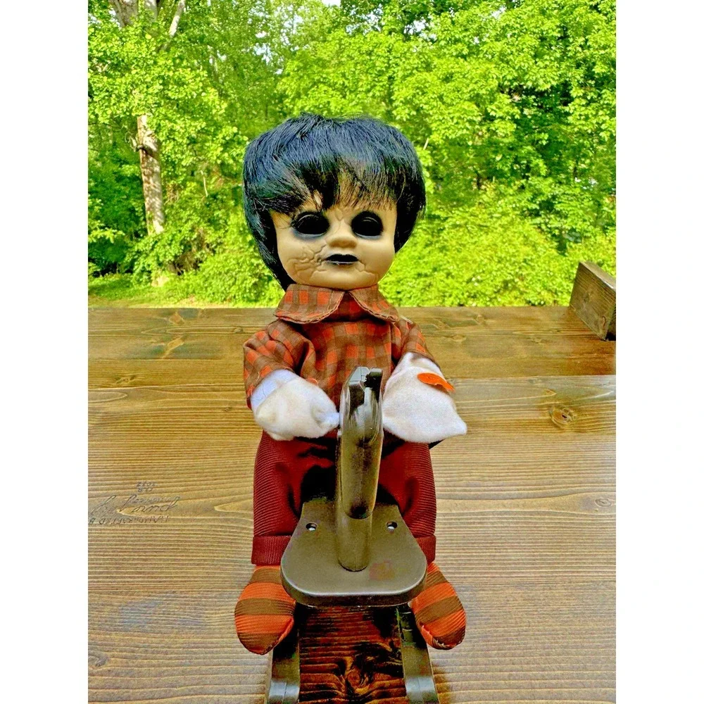 Creepy Animated Rocking Boy Doll Black Hollow Eyes Haunted Halloween Prop